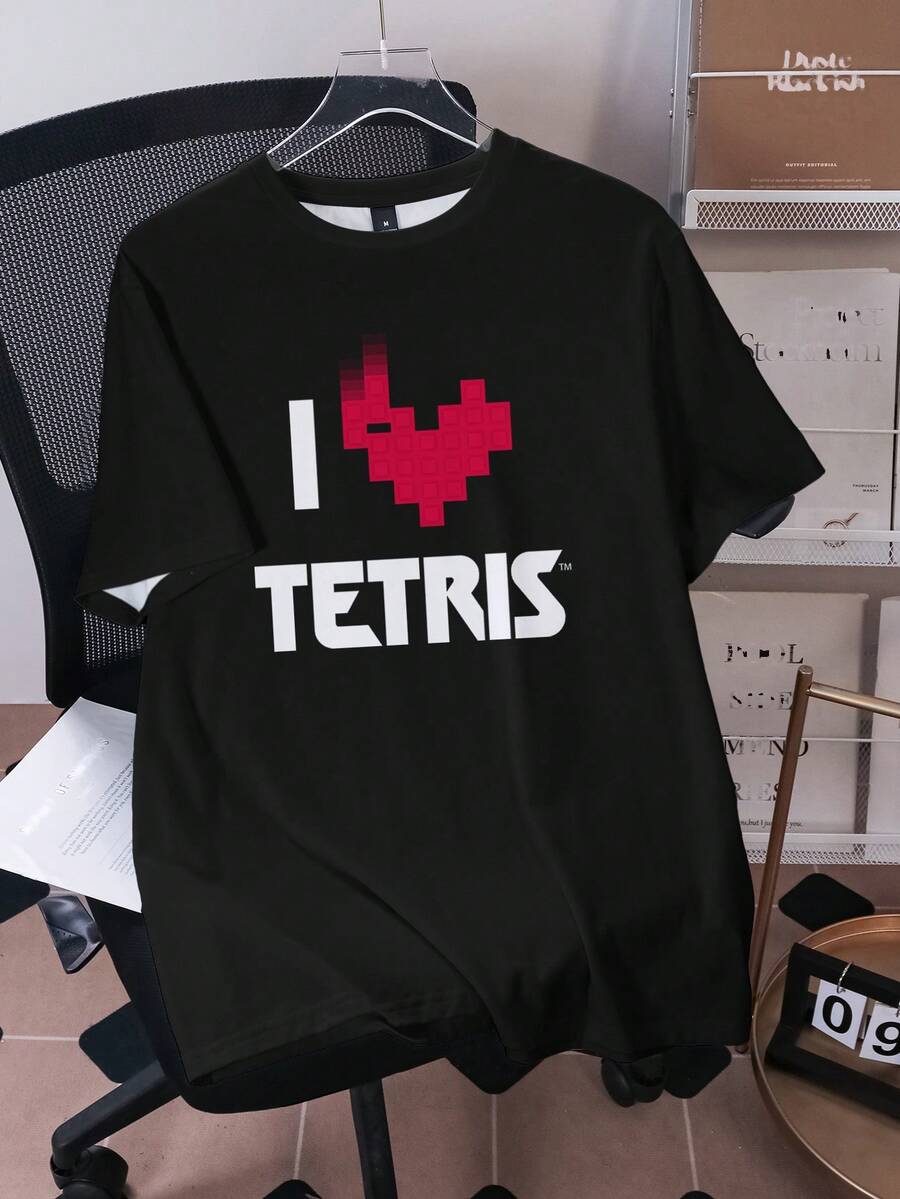 Tetris™ X SHEIN 男士休闲字母爱心印花圆领短袖T恤，夏季款 - 白色 - 查看 1