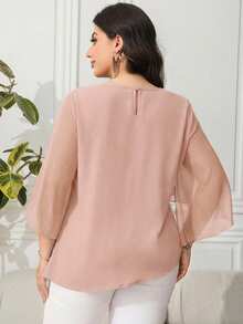Reflora Plus Size Solid Color Twist Knot Elegant Mesh Patchwork Blouse - Baby Pink - View 2