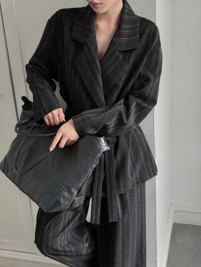 Livesso 春夏宽松商务休闲条纹西装外套搭配直筒系带西裤两件套女装