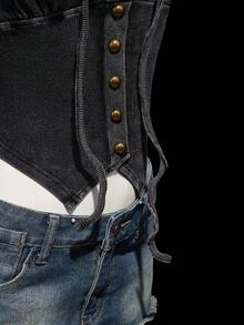 SHEIN ICON 女士时尚街头风前扣抽绳连帽背心，夏季 - 黑色 - 查看 10