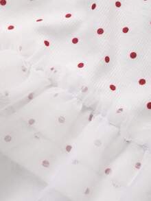 DAZY Tween Girls Round Neck Knit Polka Dot Print Contrast Mesh Short Sleeve T-Shirt, Fall Summer - White - View 3