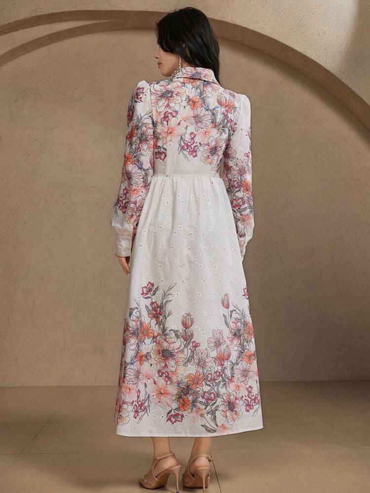 Women's Elegant Floral Print Long Dress With Puff Sleeves, Spring/Summer Wedding Guest Dress Sundress