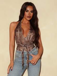 SHEIN Unity 1pc Women's Sleeveless Sexy Snake Skin Print Backless V-Neck Bodysuit, Comfortable Material Halter Top Brown Bodysuit Coffee Brown Top Snake Print Top - Brown - View 3