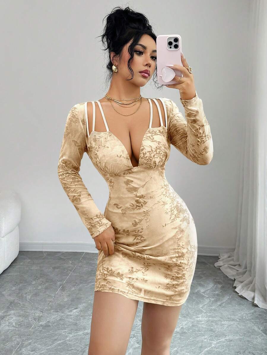 Modelyn Sexy Mesh Jacquard Hollow-Out Long Sleeve Women Dress - Multicolor - View 1