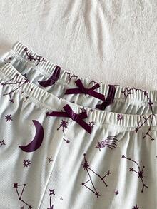 SHEIN Bộ đồ ngủ 3 món thời trang tối giản in hình sao và trăng cho bé gái, gồm áo hai dây và quần short, quần dài. - Màu tím - Xem 6