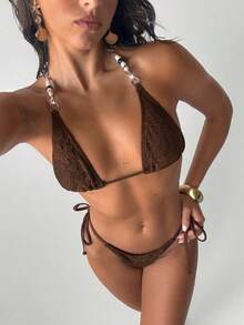 Aloruh 女士夏季新款扎染印花比基尼套装，性感派对音乐节炫彩贝壳装饰女士泳装，女士沙滩装，女士度假装 - 棕色 - 查看 9