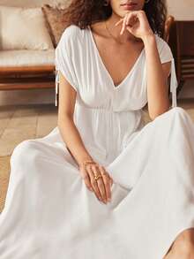 Lullawish Women's Bohemian Casual Tie-Up Ruched V-Neck Loose Comfortable Loungewear Dress - White - View 1