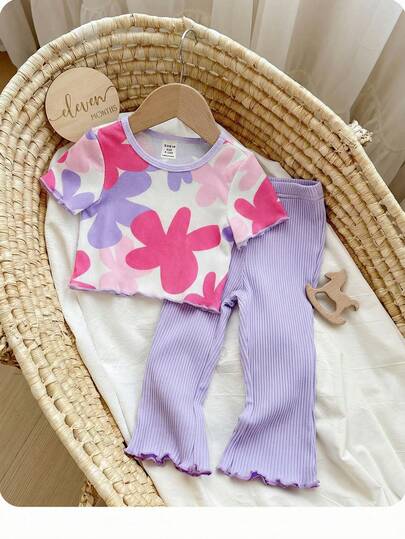 SHEIN 2pcs Baby Girl Floral Knit Round Neck T-Shirt And Leggings Set,Summer Outfits,Baby Girls Clothes,Girls Outfit Sets