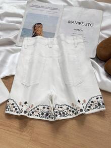 GlowEve Women's Embroidered Pocket Loose Casual Versatile Denim Shorts - White - View 2