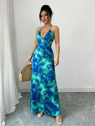 Rafferiza Vestido largo y ajustado para mujer, elegante, con cuello de corbata en V, para vacaciones, playa, casual, fiesta, sexy, espalda descubierta, cita, sesión de fotos