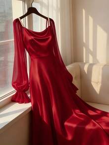 GlowEve Đầm dài tay màu trơn dành cho nữ, chất liệu satin bóng phối chiffon, đính ngọc trai trên vai, kiểu dáng thời trang, thanh lịch, cao cấp, thích hợp cho các buổi tiệc tối mùa xuân/hè, dạ hội, hẹn hò, lễ hội. - Đỏ - Xem 3