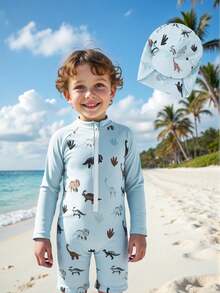SHEIN Young Boy Dinosaur Print Zip-Up Long Sleeve Rash Guard Swimsuit Set With Hat - Multicolor - View 6