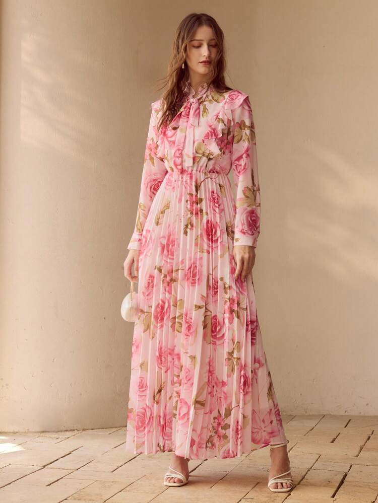 WOMEN'S ALLOVER ROSE FLORAL PRINT PLEATED DRESS