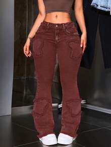 SHEIN Unity 女式时尚街头风毛边口袋喇叭牛仔裤 - 棕色 - 查看 3