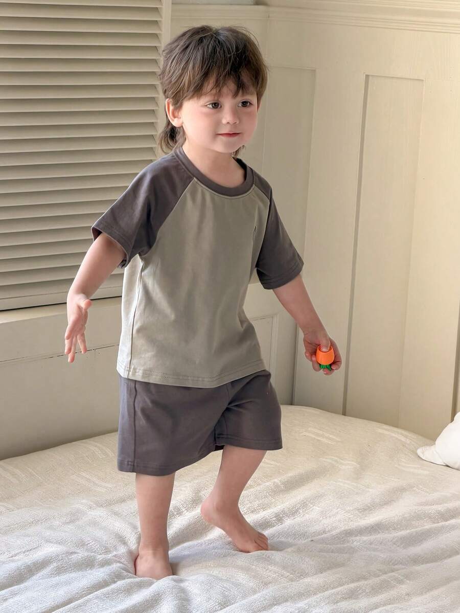 DAZY 2pcs Baby Boys' Contrast Color Raglan Sleeve Casual T-Shirt And Shorts Set, Loungewear Summer Toddler - Light Grey - View 1