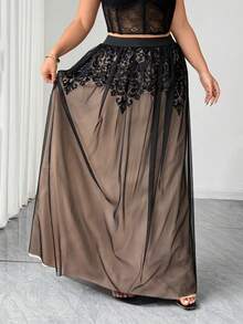 Elenzga Plus Size Women's Positioning Printed Black Mesh Skirt, & Elegant For Autumn/Winter,Wedding,Graduation,Holidays,Valentine's Day,Parties,Outings - Black - View 7