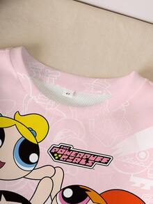 THE POWERPUFF GIRLS X SHEIN Young Girl Casual Cartoon Pattern Crew Neck Sweatshirt, Autumn - White - View 5