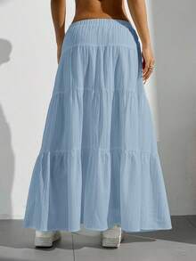 SHEIN PETITE CURVE Falda de mujer talla grande con estilo casual de vacaciones, unicolor, decoración de nudo y dobladillo escalonado - Celeste - Ver 2