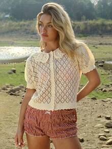 WESTFADE Crochet Scalloped Collar Button Front Short Puff Sleeve Pointelle Knit Relaxed Cardigan Sweater - Apricot - View 4