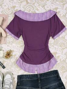 Glimmora Lila axelutskurna randig lapptäcke kortärmad t-shirt, trendig och mångsidig sommartopp för kvinnor - Blåröd - Visa 2