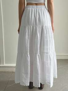 Livesso 宽松波西米亚度假风时尚办公街头风纹理褶皱提花镂空蕾丝拼接女裙，春夏款 - 白色 - 查看 3