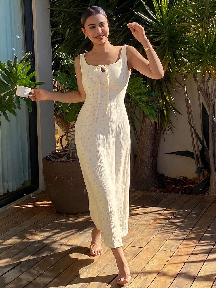 Ditsy Floral V-Neck Tie Waist Long Nightgown For Women