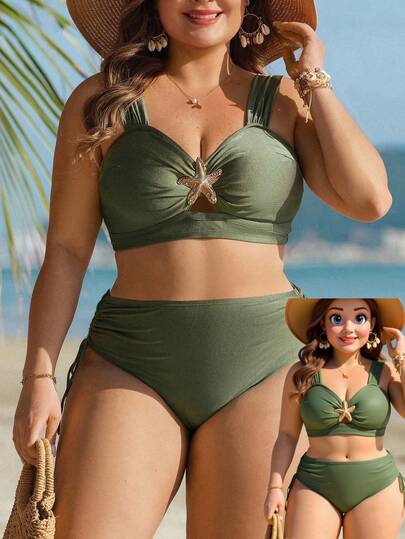 Swim Lushoire Conjunto de traje de baño para fiesta en la playa con parte superior de diseño de tirantes anchos con decoración de estrella de mar y Bottom triangular con cordón lateral en la cintura para mujer de talla grande