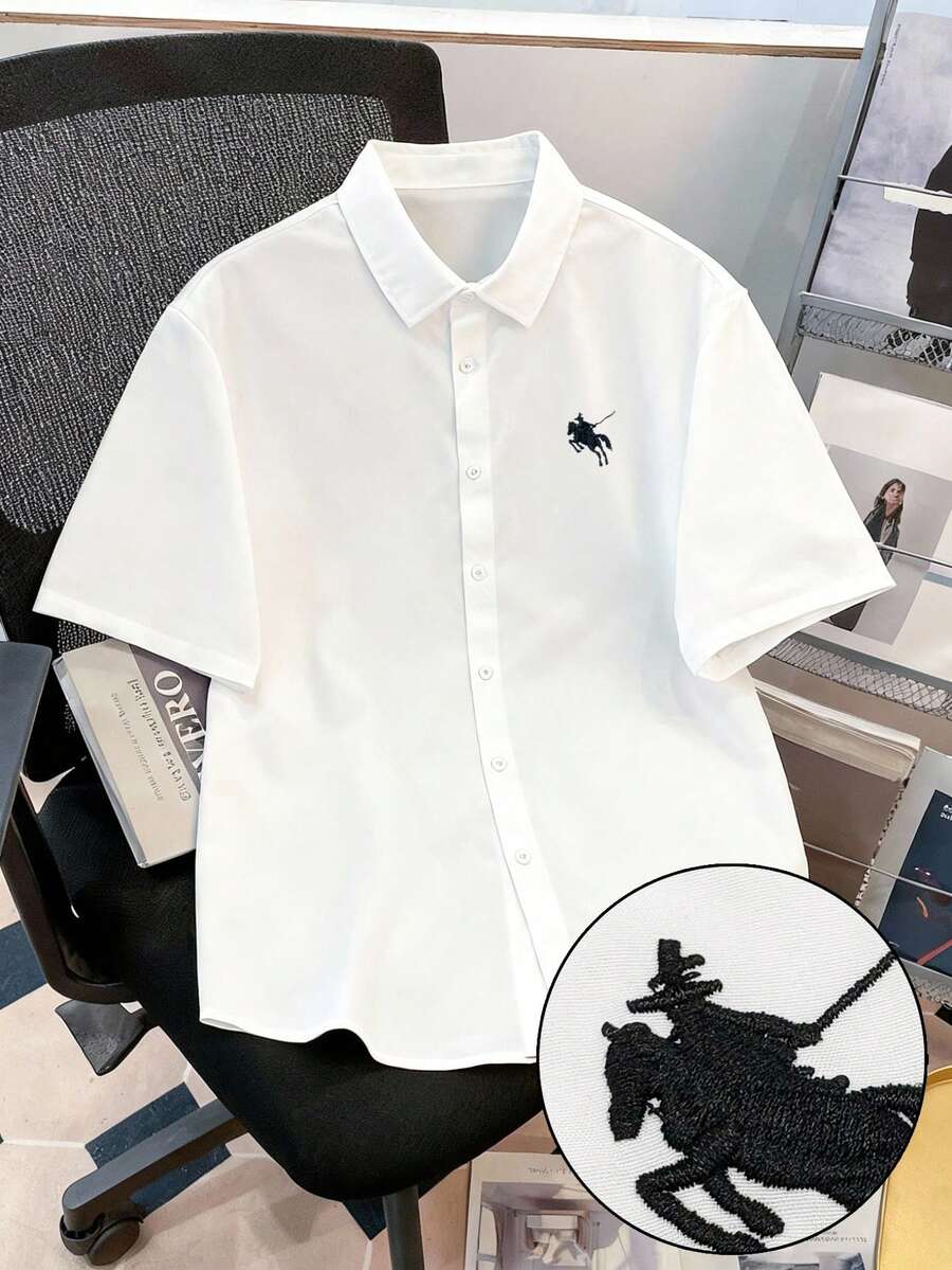 Manfinity Joysei 男士白色刺绣Logo修身短袖衬衫，适合作为礼物送给朋友 - 白色 - 查看 1