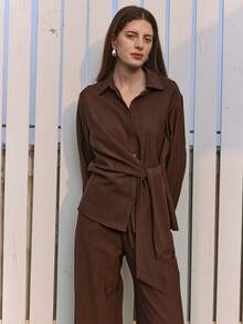 Dazy-Less Coffee Brown Autumn Casual Occasion Women's Elegant Twist Knot Cross Front Blouse & Straight Leg Pants Set,2 Pieces Old Money Luxury Business Outfit - Brown - View 6