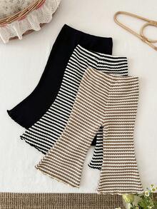 SHEIN LMoss  3pcs Baby Girl Knitted Solid Striped Casual Flare Pants Set - Multicolor - View 2