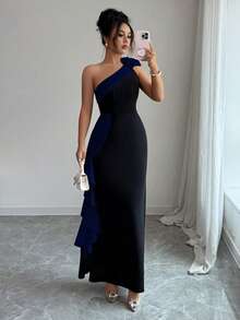 Elenzga 女士新款斜肩撞色3D立体花卉荷叶边腰部鱼尾优雅长裙 - 藏蓝色 - 查看 5