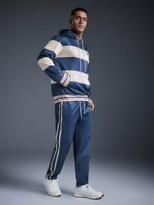 Driftmere 2pcs Men's Casual Business Striped Print Drawstring Hoodie Sweatshirt And Sports Pants Set, Suitable For Outdoor Sports Street Fashion Sportswear, Spring To Summer, Men Sports Set / Hoodie Tracksuits, Comfort And Soft Tracksuits, For Daily Sports Leisure, Athleisure Style,Sporty Fashion - Multicolor - View 4