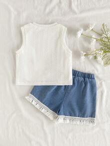 Vintaside Kids 少女夏季休闲度假纹理面料吊带背心和流苏边牛仔短裤套装 - 白色 - 查看 2