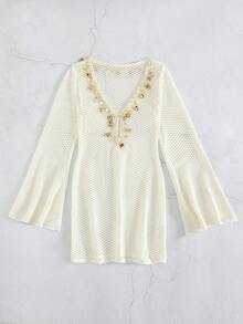 Bonvoyette 女士纯色性感镂空透明高端金属贝壳装饰长袖沙滩罩衫，适合夏季海滩度假、春夏穿着 - 米色 - 查看 9