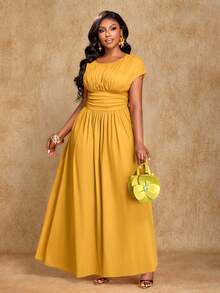 Brilight Vestido plisado de cintura elegante y casual para mujer, vestido holgado, para uso diario, fiesta, oficina, té de la tarde, Halloween y otras ocasiones, vestido de primavera y verano para mujer - Amarillo - Ver 3