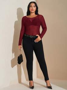SHEIN Tall CURVE 女士加大码网眼透视长袖上衣 - 酒紅色 - 查看 5