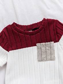 SHEIN Vintaside Kids 2pcs Baby/Baby Boy Ribbed Contrast Color Top And Blue Pants Set, All-Match Casual Comfortable Versatile Outfit For Summer Occasions - Red Violet - View 5