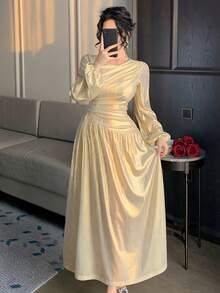 DAZY Vestido Formal de Cetim Dourado Primavera/Verão, Vestido Longo Elegante para o Dia dos Namorados, Casamento, Festa, Baile de Formatura, Coquetel, Vestido Cintilante para Trabalho - Dourado - Visão 4