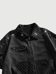 ROMWE MEN Street Life Men's Loose Fit Denim Jacket With Pearl Embellishment - Dark Grey - View 2
