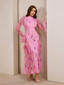 Graceveil Vestido elegante y modesto con estampado floral, volantes en el bajo y cintura con lazo - Rosa - Ver 1