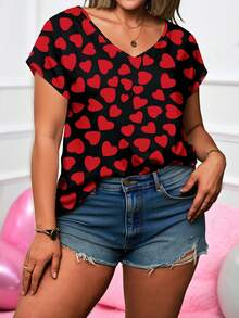 EMERY ROSE Plus Size Women Heart Print V-Neck Raglan Sleeve T-Shirt, Casual & Comfortable Top - Multicolor - View 4