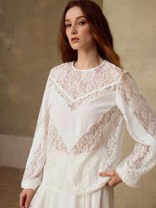 MOTF PREMIUM WOMEN'S ROMANTIC LACE PATCHWORK ROUND NECK LONG SLEEVE BLOUSE, SPRING/SUMMER - White - View 4