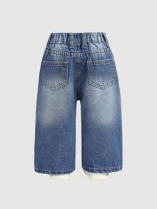 SHEIN 男婴都市街头复古做旧笑脸字母涂鸦印花破洞宽松蓝色牛仔裤，适合秋冬季穿着，适合宝宝日常穿着、秋冬季及返校季，街头风，男童圣诞节、新年，时尚系列，冬季牛仔裤，牛仔裤，保暖牛仔裤，2岁男童牛仔裤，休闲，印花牛仔裤，2000年代印花牛仔裤 - 中等水洗藍 - 查看 2