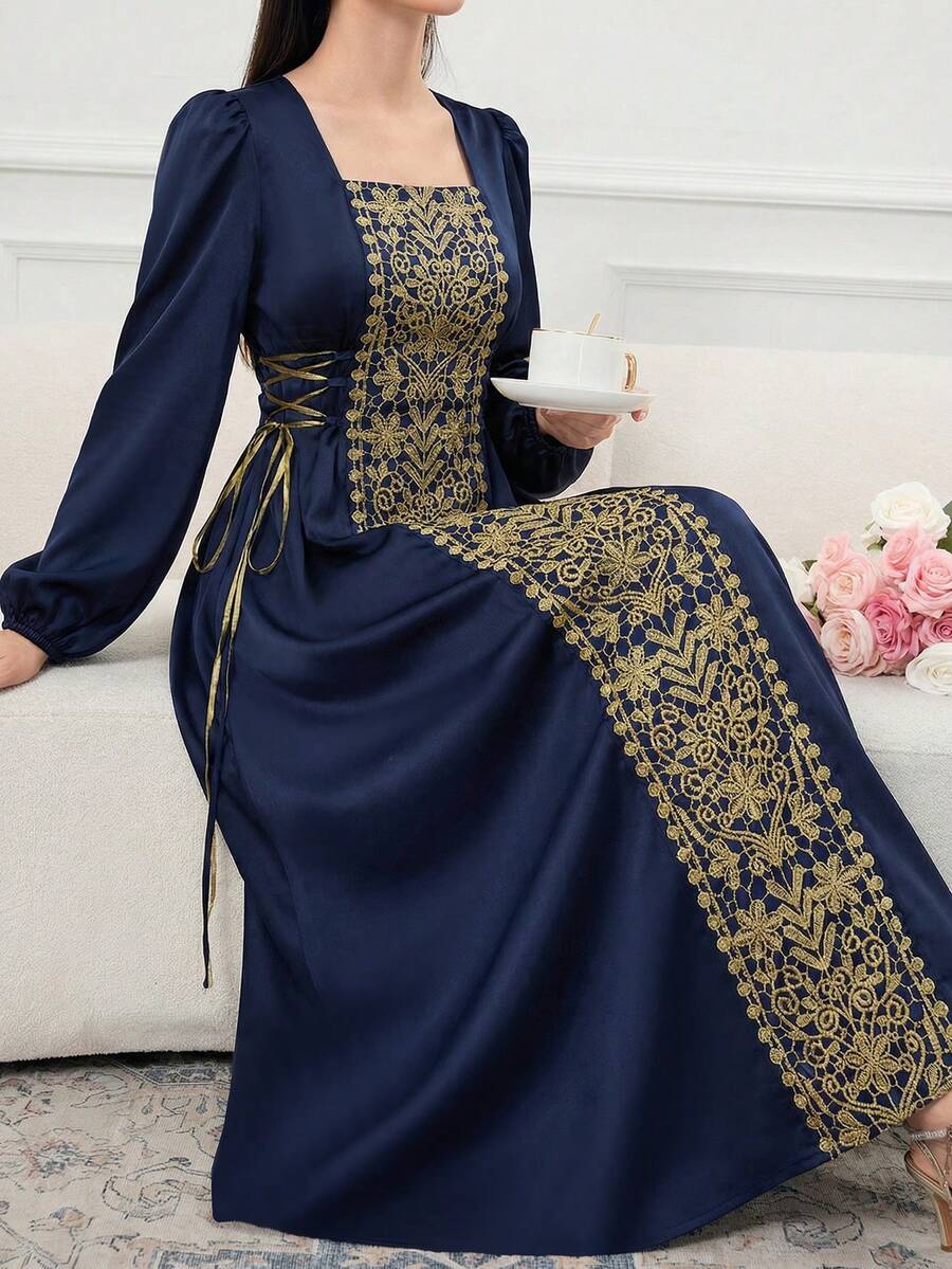 SHEIN Đầm tay phồng màu xanh hải quân phối vàng cổ điển thanh lịch, thích hợp dự tiệc cho các cô gái tuổi teen. - Màu xanh hải quân - Xem 1