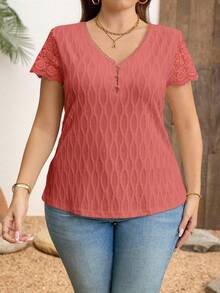 Clasi Camiseta de verano para mujer talla grande, blusa casual elegante, camiseta de punto jacquard blanca, camiseta de encaje con contraste - Rosa coral - Ver 4