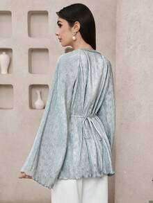 Veilorie New Textured Pleated Tie-Cinched Waist Elegant Versatile Daily Gathering Blouse - Blue - View 6