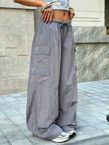 Muchica 女士休闲炭灰色梭织抽绳腰工装裤 - 灰色 - 查看 6