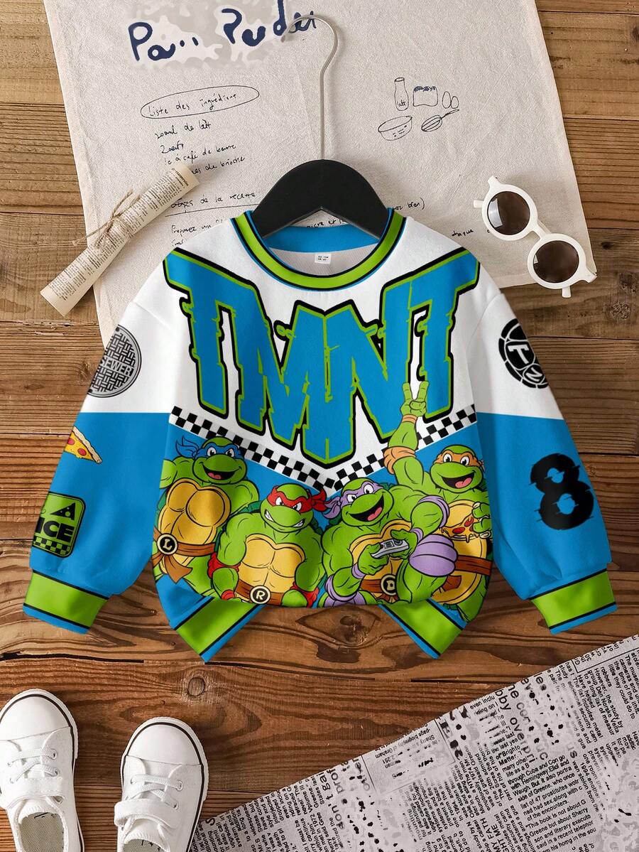 TEENAGE MUTANT NINJA TURTLES | SHEIN Áo nỉ cổ tròn in hình rùa phối màu phong cách thường ngày cho bé trai, mùa thu. - trắng - Xem 1