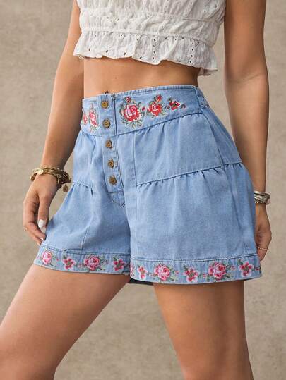 WESTFADE 高腰花卉刺绣多层纽扣牛仔短裤，适合冬季、波西米亚风、春季、度假、休闲、纳什维尔、牛仔女郎、西部风格女性度假穿着。