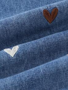 SHEIN Quần jeans ống rộng dáng suông phong cách Y2K dành cho bé gái tuổi teen, thêu hình trái tim, thích hợp cho đi chơi hàng ngày, đi học, đi làm và mùa tựu trường. - Rửa trung bình - Xem 7